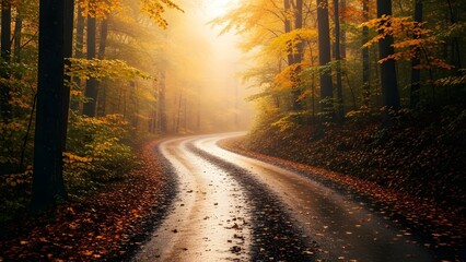 Winding forest road covered in wet autumn leaves on a misty morning with golden sunlight filtering through the trees
