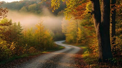 Winding dirt road disappearing into thick morning fog surrounded by vibrant autumn forest trees with sun rays filtering through
