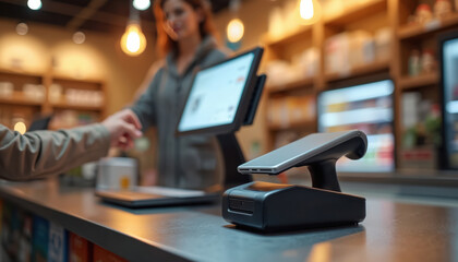 Customer uses modern payment terminal at store. Person pays via card at checkout. Contactless tech for secure money transaction. Woman at counter uses payment system. Future of finance, shopping