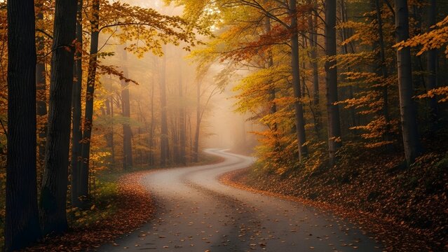 Winding dirt road disappearing into a dense, foggy forest path lined with tall trees displaying vibrant autumn foliage during sunrise - Powered by Adobe
