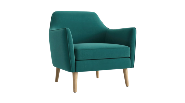 A stylish, modern teal armchair with light wooden tapered legs, featuring a comfortable upholstered design, isolated on a clean background. background removed