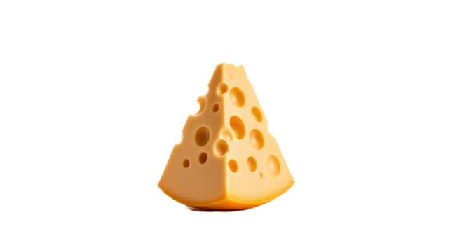 A vivid, triangular wedge of Swiss cheese, prominently displaying its characteristic holes, isolated on a deep transparent background, perfect for culinary use. background removed