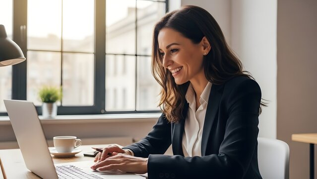 Smiling professional businesswoman working on a laptop computer at a bright office desk near a window with natural light