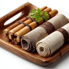 Rolled Linen Napkins and Bamboo Sticks on Wooden Tray, Spa Still Life
