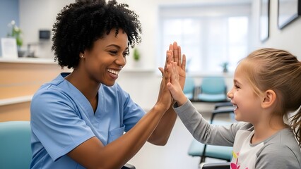 Smiling nurse giving a high five to a happy young girl patient in a bright medical office waiting room setting