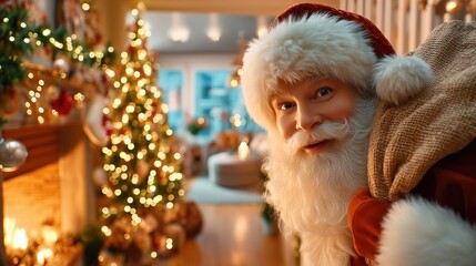 Smiling Santa Claus peeking into cozy living room with glowing fireplace and twinkling Christmas tree lights, carrying sack of gifts for a magical holiday night