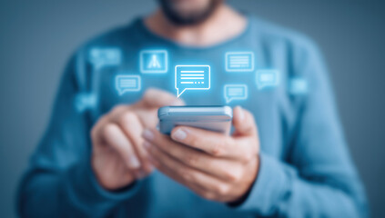 Person interacting with smartphone showing multiple floating chat and messaging interface elements.