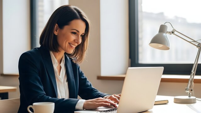 Smiling professional businesswoman working on a laptop computer at a desk in a bright office environment with a window and lamp nearby