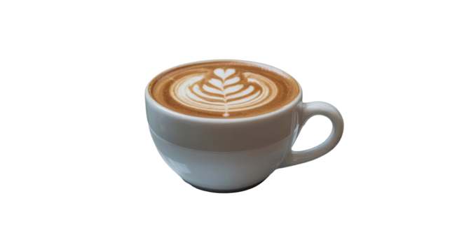 A white ceramic cup filled with a hot latte featuring intricate foamed milk art, including a heart, presented on a transparent background. background removed