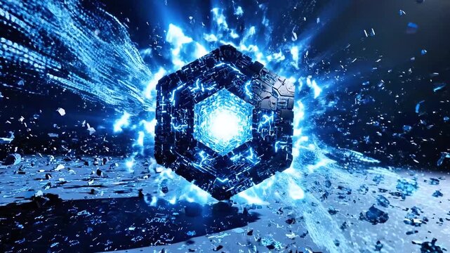 A glowing geometric cube emits energy in a cosmic scene of blue light and floating debris