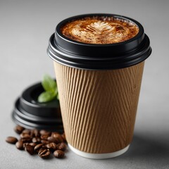 Latte Art in Takeaway Cup with Coffee Beans and Mint Leaves