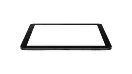 Modern black digital tablet with an empty white display, angled presentation on a solid transparent background for mockups. background removed