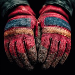 Close-up of Dirty Work Gloves Held Out on Black Background