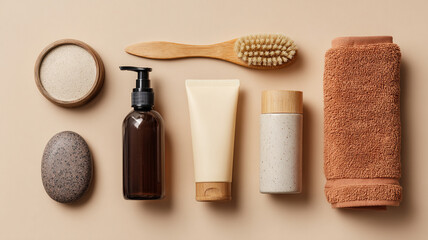 Flat lay features various winter skin care products including creams, oils, a towel, and a brush on a soft beige background, perfect for a self-care routine