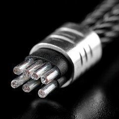 Macro Shot of Braided Cable with Silver Conductors on Black Background