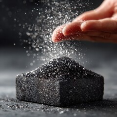 Hand Sprinkling Glitter on Black Sand Block, Abstract Texture Close Up