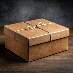 Brown Cardboard Gift Box Tied with Twine on Dark Wood Surface