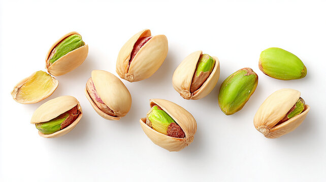 Several open-shelled pistachios display bright green nuts inside. The fresh pistachios are arranged on a clean white surface, highlighting their vibrant color and appealing look