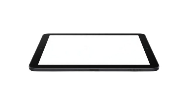 Modern black digital tablet with an empty white display, angled presentation on a solid transparent background for mockups. background removed