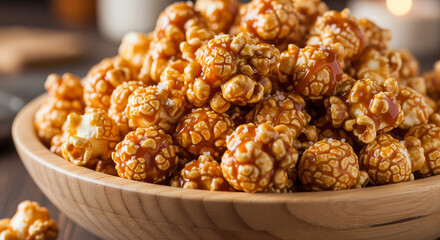 Indulge in a bowl of warm, freshly made caramel popcorn, the perfect treat for movie night