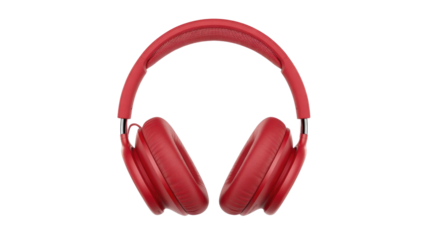 Vibrant red over-ear headphones with soft earcups and an adjustable headband, displayed against a clean, solid transparent background. background removed