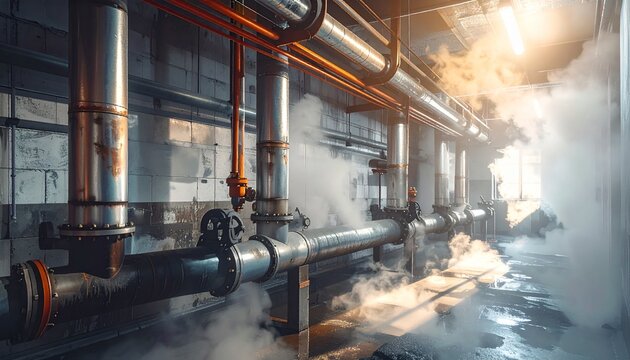 Steam pipes releasing hot vapor in basement mechanical room with dramatic lighting, industrial heating system and building maintenance for plumbing and hvac services