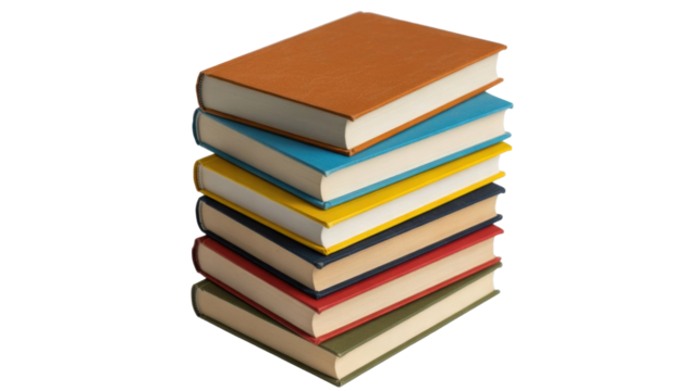 A colorful stack of various books neatly piled, signifying knowledge, education, and reading. Features a transparent background for versatile use. background removed