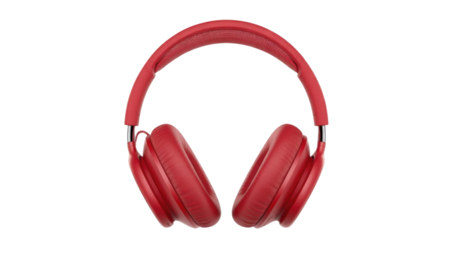 Vibrant red over-ear headphones with soft earcups and an adjustable headband, displayed against a clean, solid transparent background. background removed