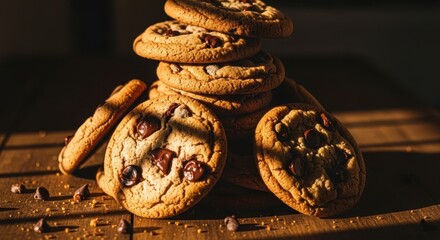 A tantalizing tower of homemade chocolate chip cookies bathed in soft golden sunlight