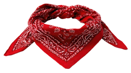 red patterned bandana folded in triangular shape with detailed paisley design isolated on white background