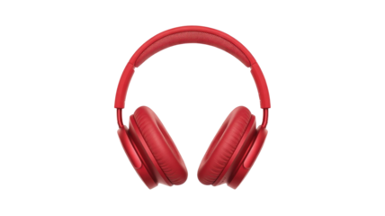 Vibrant red over-ear wireless headphones with cushioned earcups and a padded headband, designed for immersive audio against a transparent background. background removed