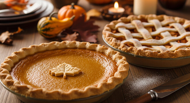 Warm Thanksgiving pies and pumpkins evoke cozy autumn celebration on rustic wood table