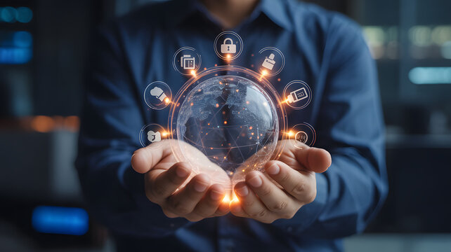 Empowering global network security with innovative digital solutions, a connected world in your hands, modern data protection visualization