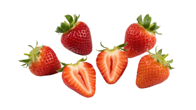 A vibrant arrangement of seven fresh, ripe strawberries, five whole and two sliced, showcasing juicy red flesh and green caps on a solid background. background removed