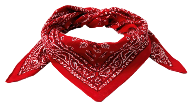 red patterned bandana folded in triangular shape with detailed paisley design isolated on white background