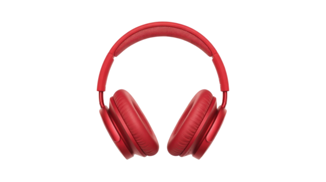 Vibrant red over-ear wireless headphones with cushioned earcups and a padded headband, designed for immersive audio against a transparent background. background removed