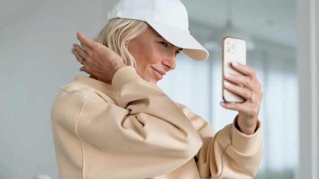 Woman in a light hoodie and baseball cap takes a selfie in a mirror holding her smartphone and adjusting hair in a modern interior portrait.
