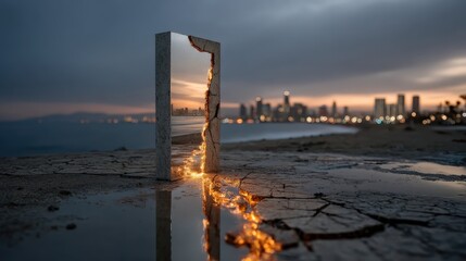 This captivating image captures a cracked surface transformed into a reflection of a city at dusk, showcasing vibrant lights and conveying themes of transformation and contrast between worlds.