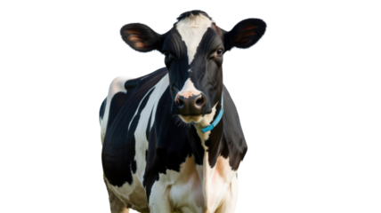 A striking black and white Holstein cow with a blue collar looks directly at the camera, isolated on a vibrant transparent background. background removed