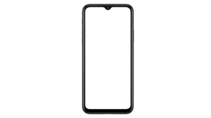 A blank black smartphone frame featuring a teardrop notch, ideal for displaying apps, websites, or custom content on a transparent screen. background removed