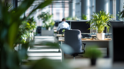 modern office interior, modern corporate office workspace with natural light and indoor plants