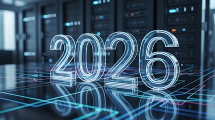Glassy 2026 year floating above a server room with blue glowing lines