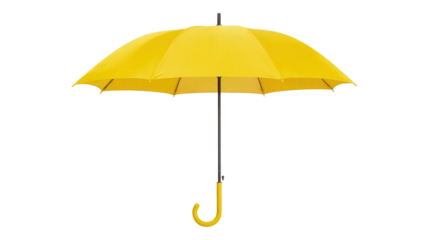 A vibrant yellow umbrella, fully open with a curved handle, isolated on a dark transparent background, perfect for rain protection. background removed