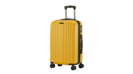 A vibrant yellow hardshell carry-on suitcase with a retractable handle, spinner wheels, and a built-in combination lock, ready for travel. background removed