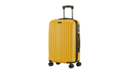 A vibrant yellow hardshell carry-on suitcase with a retractable handle, spinner wheels, and a built-in combination lock, ready for travel. background removed