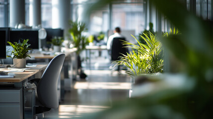modern office interior, modern corporate office workspace with natural light and indoor plants
