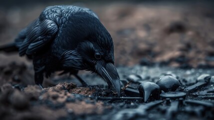 Obraz premium A detailed close-up of a raven foraging in a mysterious, dark environment showcasing its glossy feathers and intelligent demeanor while searching for food on the ground.