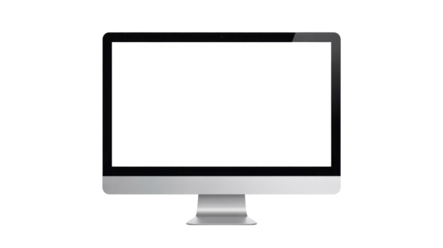 A sleek, modern all-in-one desktop computer monitor with a blank white screen, perfect for product mockups or showcasing designs. background removed