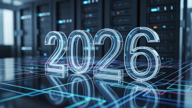 Glassy 2026 year floating above a server room with blue glowing lines