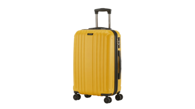 A vibrant yellow hardshell carry-on suitcase with a retractable handle, spinner wheels, and a built-in combination lock, ready for travel. background removed